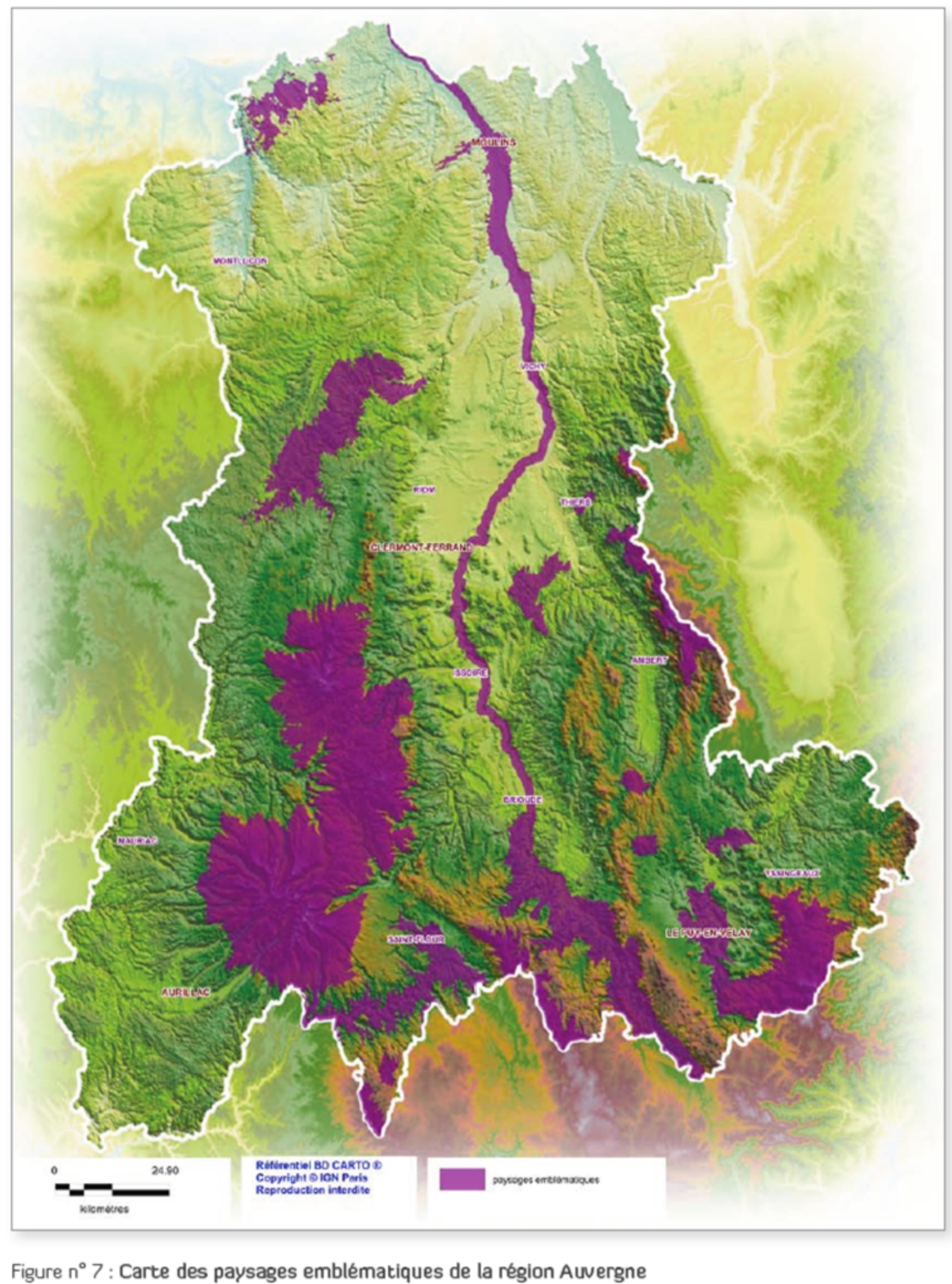 carte des paysages emblématiques de la région Auvergne - Légende : la couleur violet correspond aux zones à fortes sensibilités paysagères dans lesquelles l'éolien est exclu. 